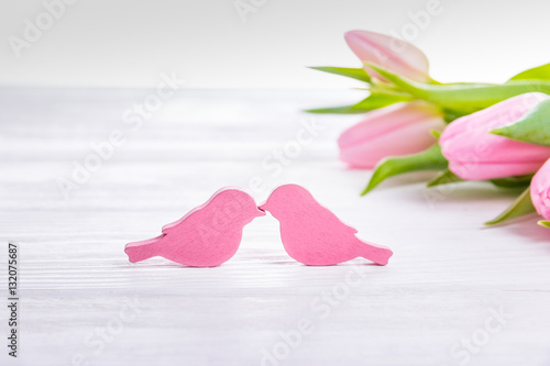 Happy Valentine's Day! Two birds and pink tulips