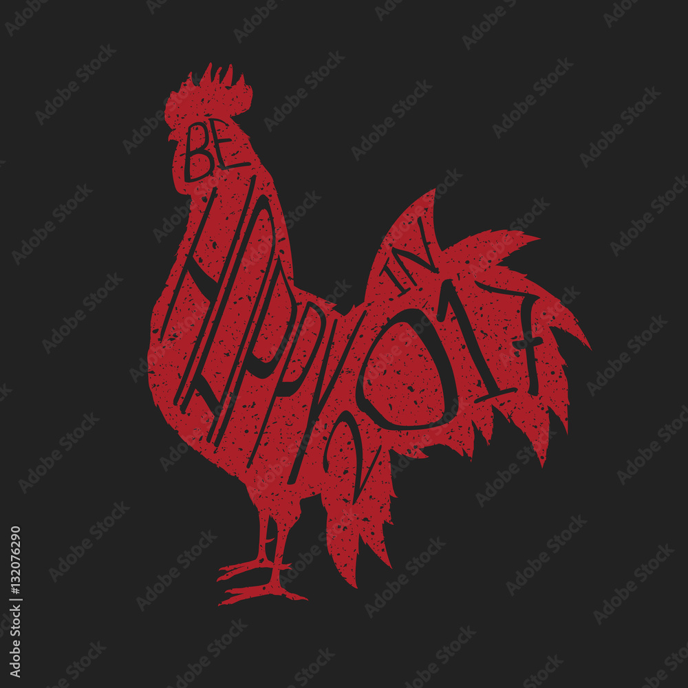 Red rooster and lettering isolated on black background. The symbol of ...