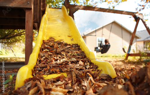 Fotografie Slide full of fallen leaves with a boy swinging in the backgroun