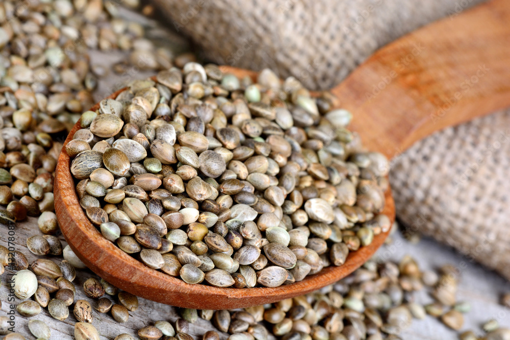 Naklejka premium Hemp seeds in a wooden spoon on table