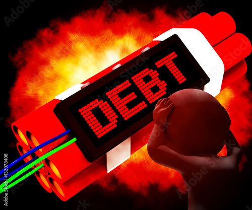 Fotografie Debt Word On Dynamite Showing Bankruptcy 3d Rendering