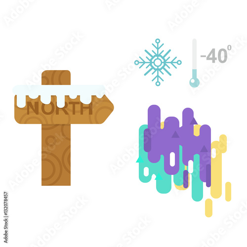 Northern lights and wooden sign post vector illustration.