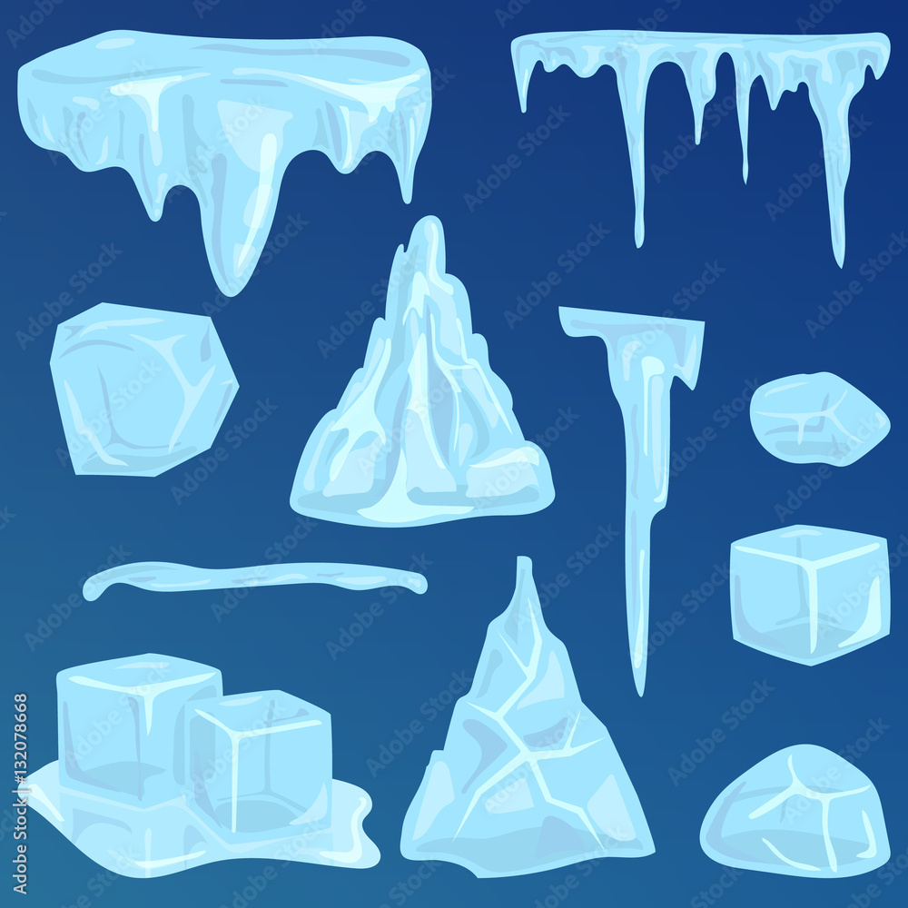 Set of ice caps snowdrifts and icicles elements winter decor vector. - obrazy, fototapety, plakaty 