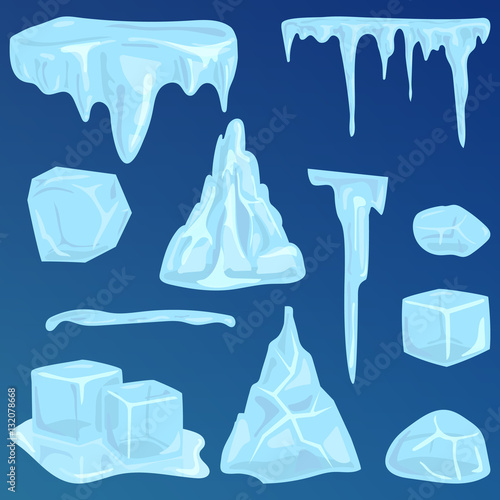 Set of ice caps snowdrifts and icicles elements winter decor vector. photo