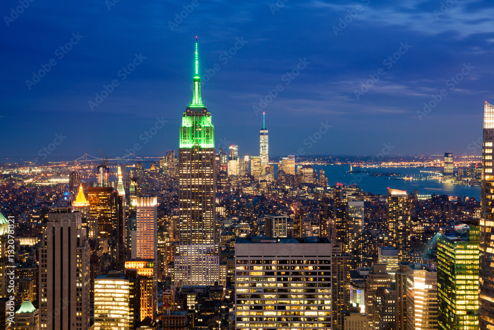 New York City skyline with urban skyscrapers at night