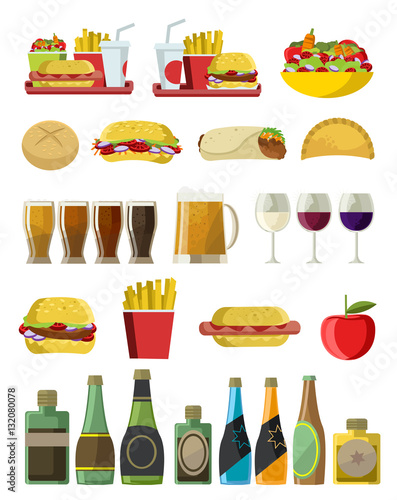 fast food beer pints wine cups and alcohol bottles