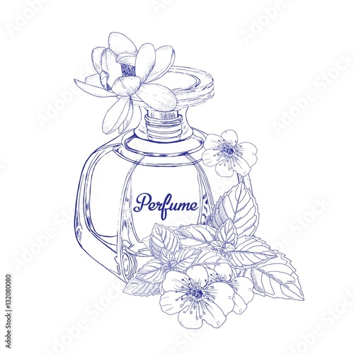 Conceptual pencil sketch. Perfume for women closeup. Vector illustration isolated on white background.  Trendy print of perfume bottle, peppermint and flowers.