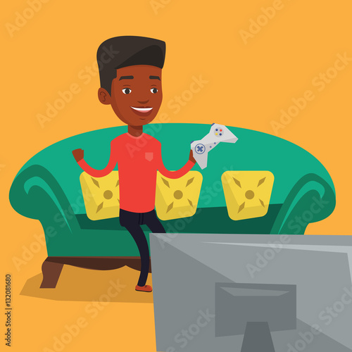Man playing video game vector illustration.