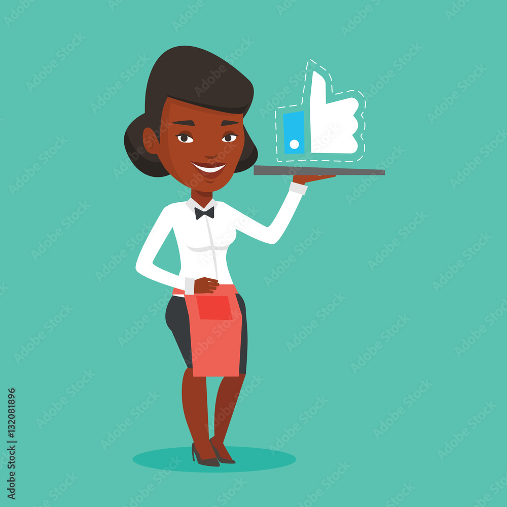 Waitress with like button vector illustration.