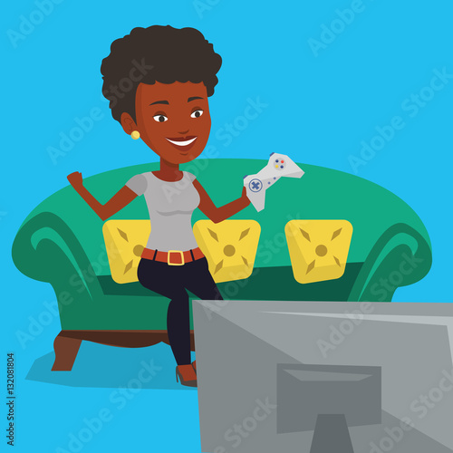 Woman playing video game vector illustration.