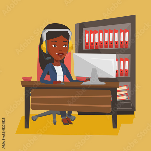 Woman playing computer game vector illustration.