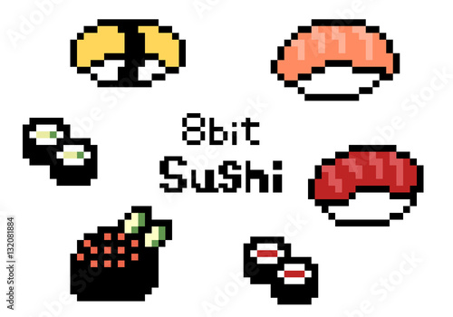 8bitなお寿司アイコン　セット素材　白背景・ベクター