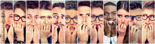 Group of multiethnic anxious people biting fingernails nervous stressed