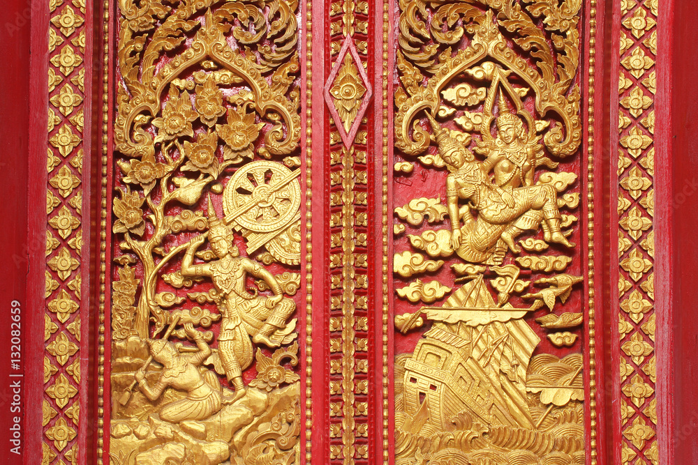 wooden carving sclupture of Ramakien Performance in the middle of heaven forest, the glory of Rama story decorated painted with gold leaf and red painting color, poster wallpaper background