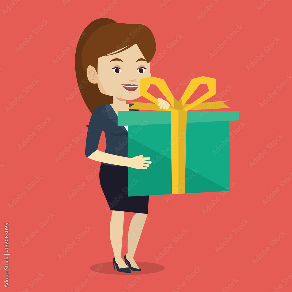 Joyful caucasian woman holding box with gift. Joyful caucasian woman holding box with gift.