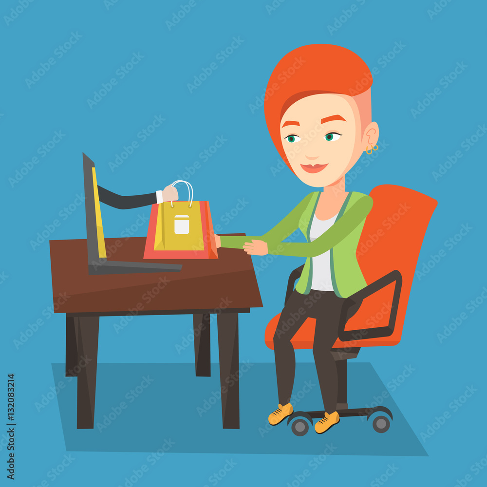 Woman shopping online vector illustration.
