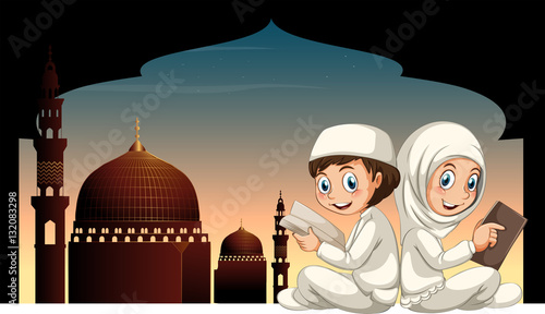Two muslim kids reading book with mosque background