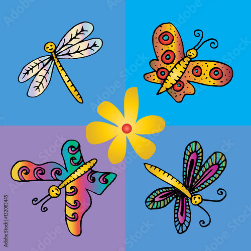 Hand drawn butterflies and dragonfly.
