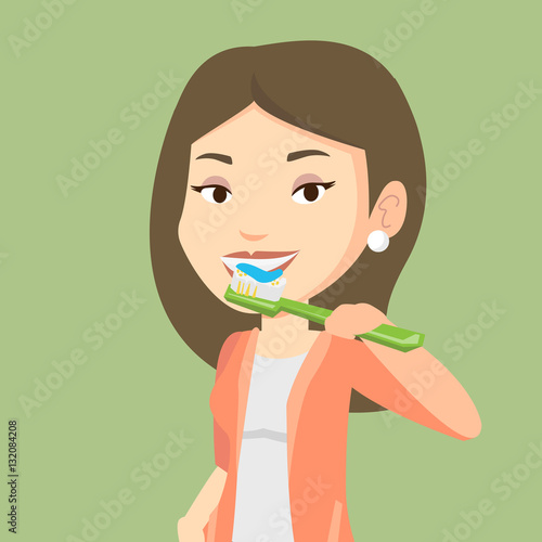 Woman brushing her teeth vector illustration.