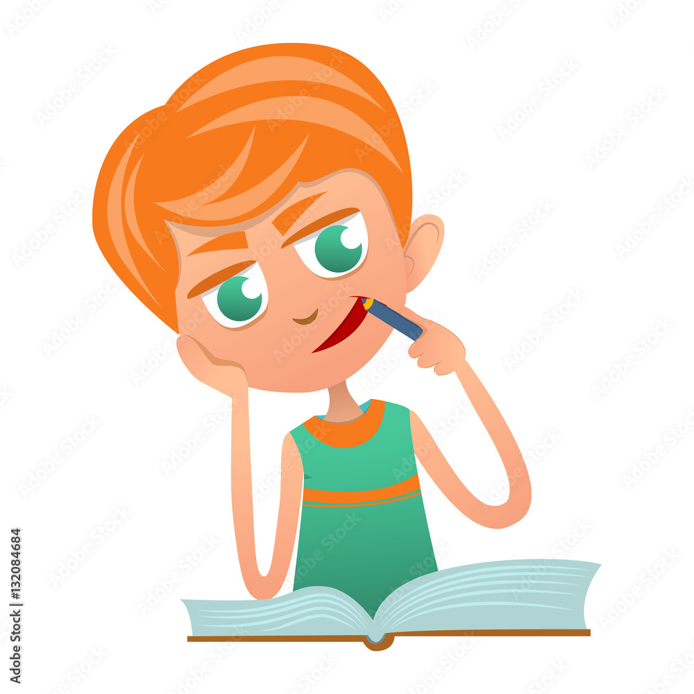 Cute smart boy do homework with a book, lost in thought. Cute smart boy do homework with a book, lost in thought.