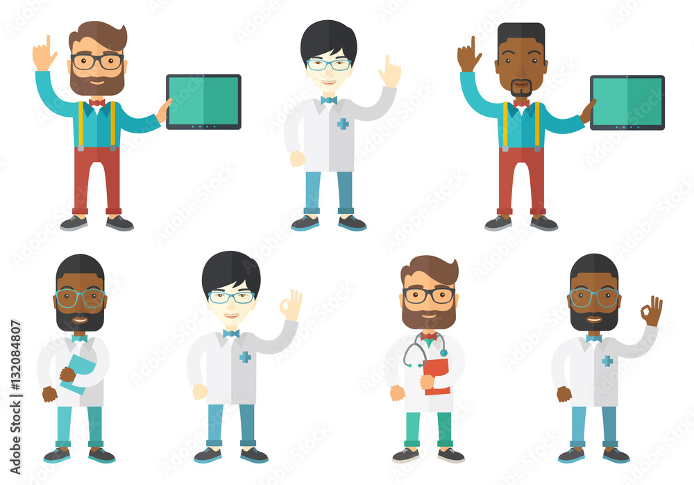 Vector set of doctor characters and patients.