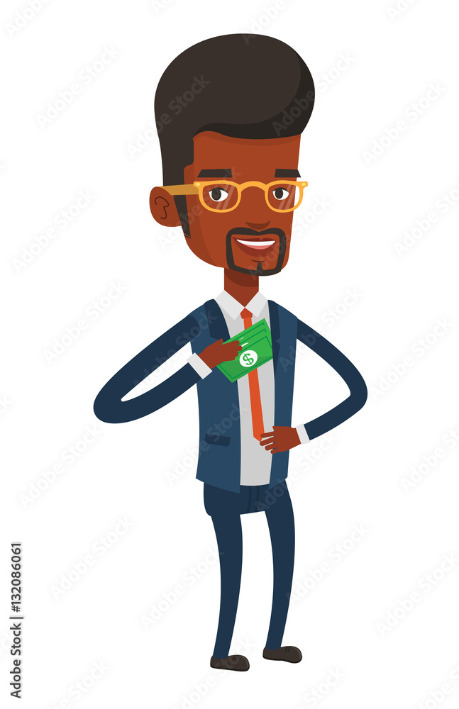 Business man putting money bribe in pocket. Business man putting money bribe in pocket.