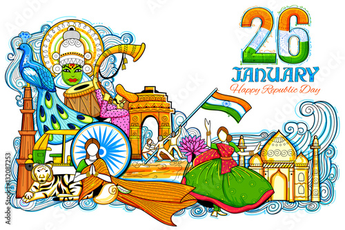 Indian background showing its incredible culture and diversity with monument, festival celebration for 26th January Republic Day of India