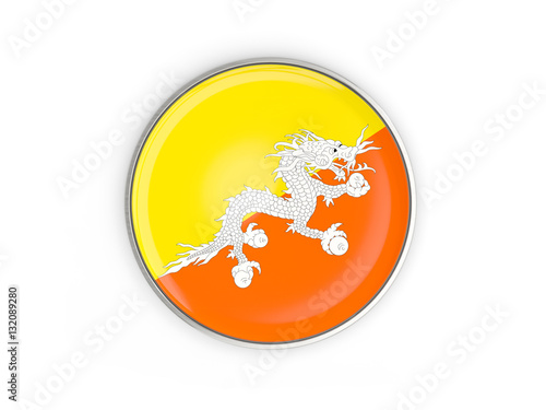 Flag of bhutan, round icon with metal frame