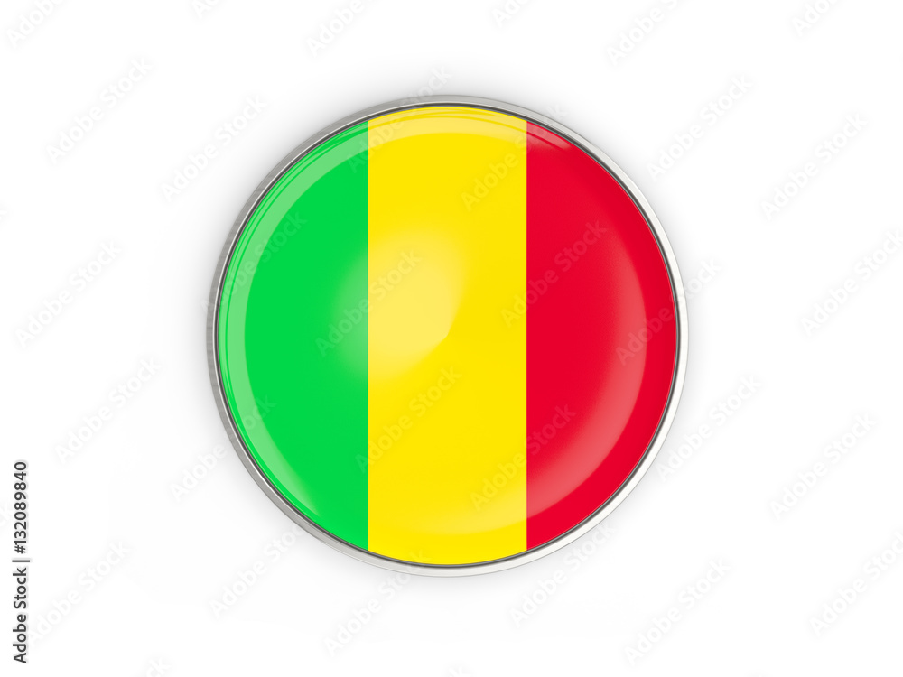 Fototapeta premium Flag of mali, round icon with metal frame