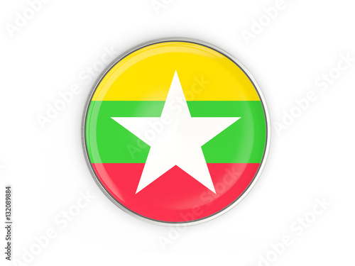 Flag of myanmar, round icon with metal frame