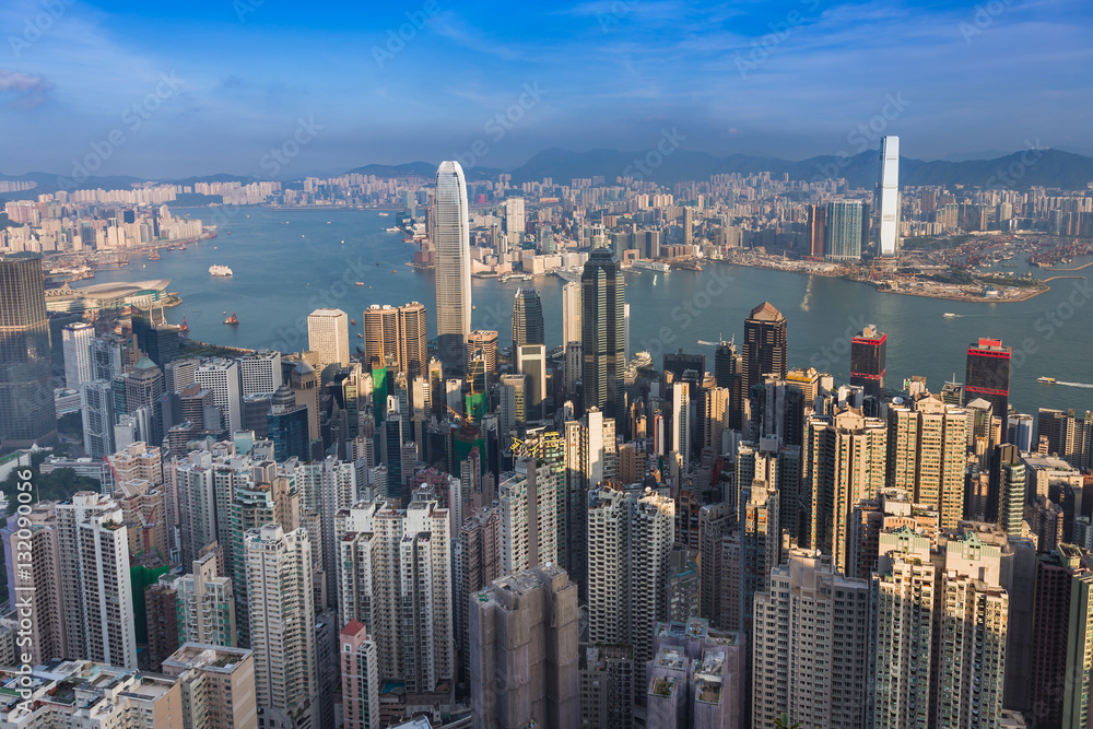 Fototapeta premium Aerial view, Hong Kong city downtown over Victoria Harbour