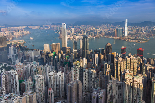 Aerial view, Hong Kong city downtown over Victoria Harbour  © pranodhm