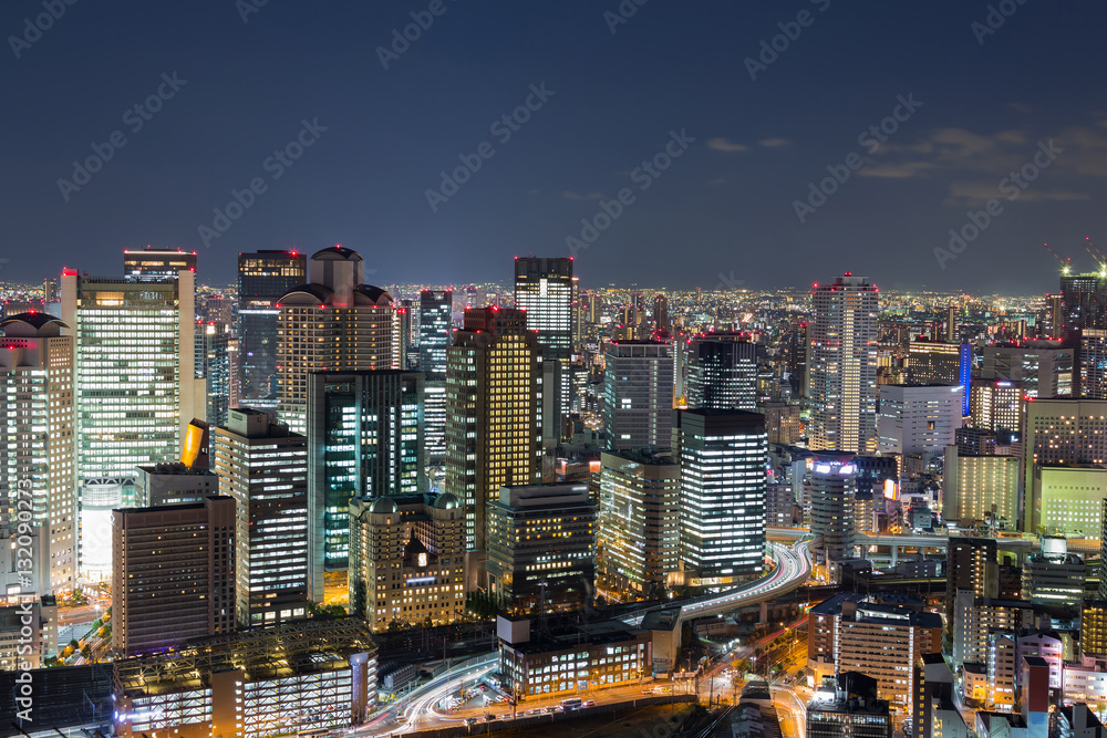 Osaka city downtown from Umeda Sky building at twilight, Japan