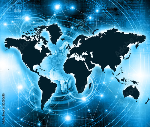 World map on a technological background, glowing lines symbols of the Internet, radio, television, mobile and satellite communications.