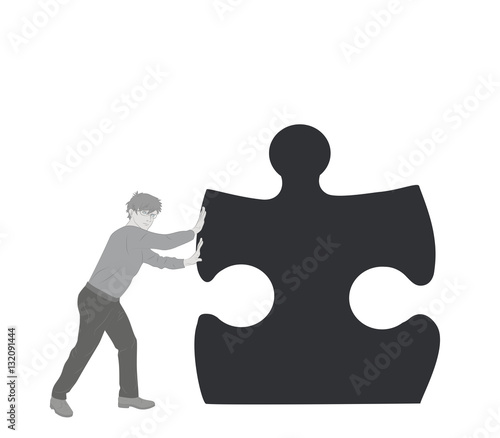 man pushes a part of the puzzle. vector illustration.