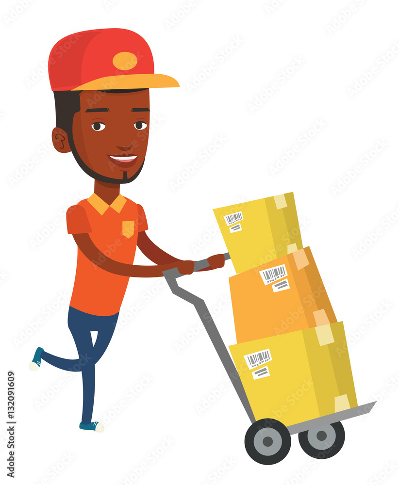 Delivery postman with cardboard boxes on trolley. Delivery postman with cardboard boxes on trolley.