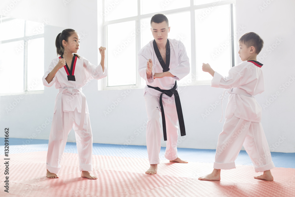 Young instructor teaching children Tae Kwon Do Young instructor teaching children Tae Kwon Do