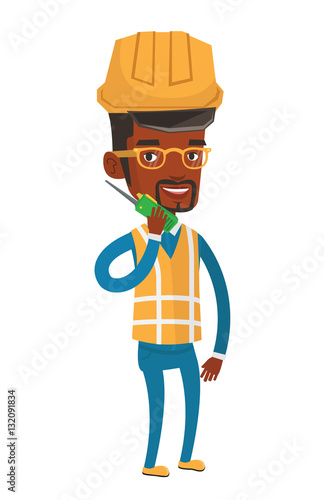 Port worker talking on wireless radio.