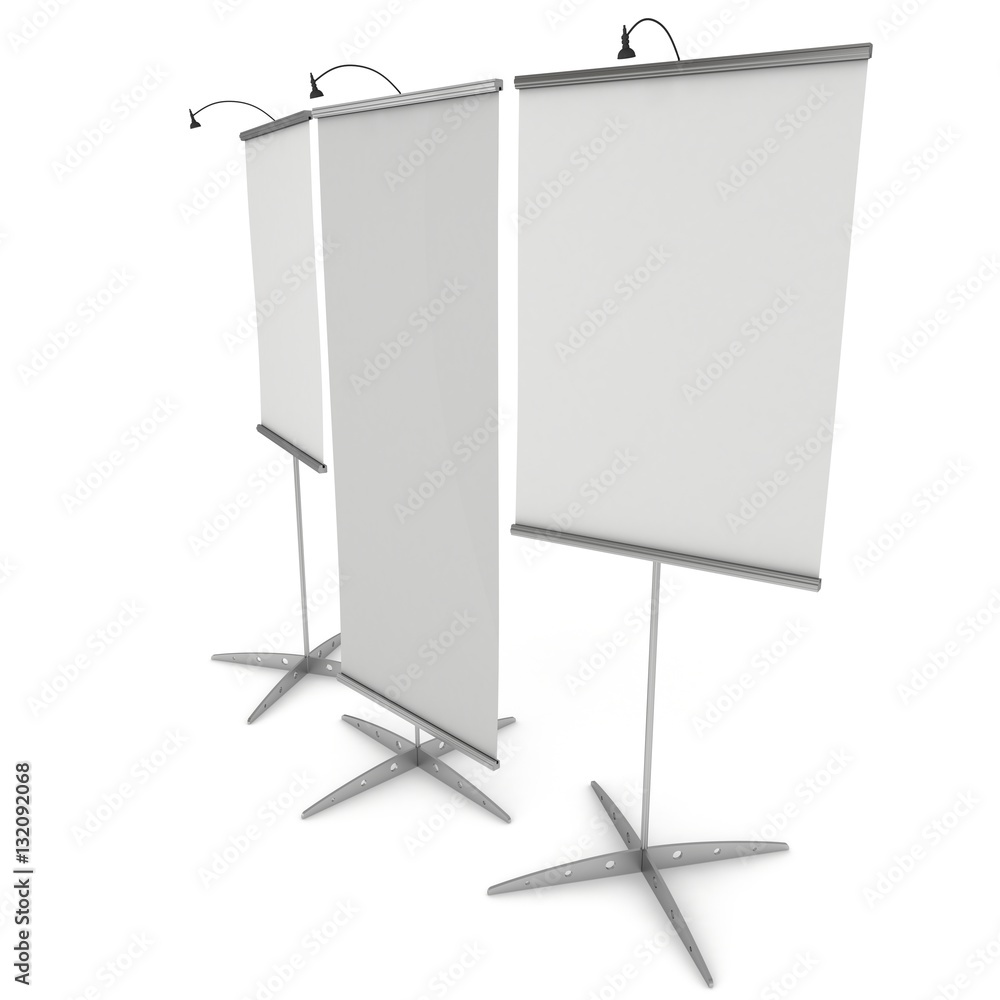 Blank Roll Up Expo Banner Stand Group. Trade show booth white and blank. 3d render illustration isolated on white background. Template mockup for your expo design. Blank Roll Up Expo Banner Stand Group. Trade show booth white and blank. 3d render illustration isolated on white background. Template mockup for your expo design.