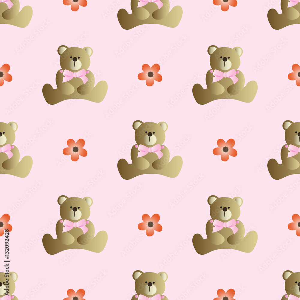 Seamless pattern with teddy bear with a bow and flowers on a pink background