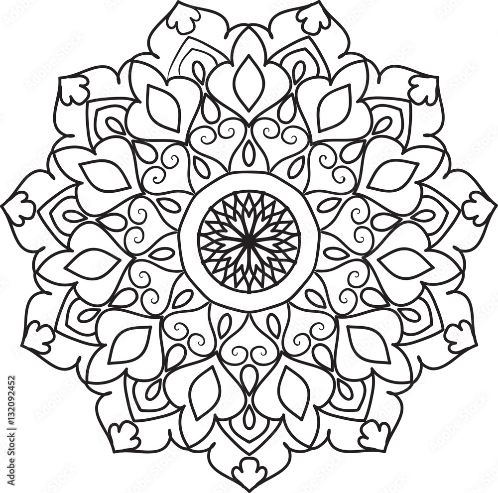 Drawing of a abstract vector with floral round lace mandala, decorative element in ethnic tribal style, black line art on a white background Drawing of a abstract vector with floral round lace mandala, decorative element in ethnic tribal style, black line art on a white background