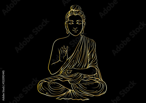 Drawing of a Buddha statue. Art vector illustration of Gautama - gold line art on a black background. Buddhism Religion