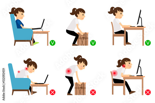 Woman cartoon character sitting and working correct and incorrect postures. Vector illustration