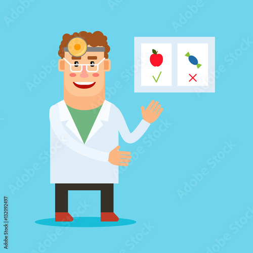 Dentist cartoon character. Stomatologist with the poster of healthy and unhealtthy food. Vector illustration