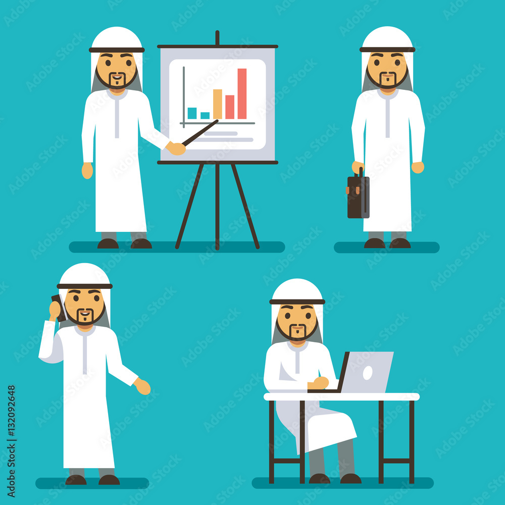 Arab man vector character in different business situations Arab man vector character in different business situations