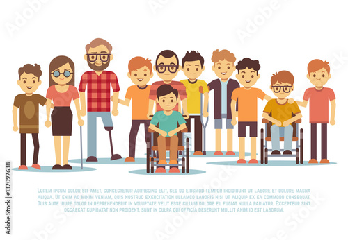 Disabled child, handicapped children, diverse students in wheelchair vector set