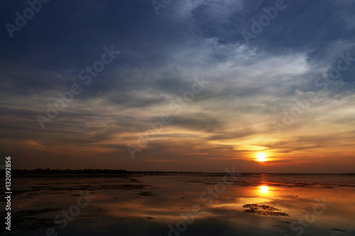 Reservoir landscape at sunset