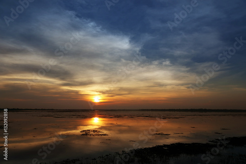 Reservoir landscape at sunset