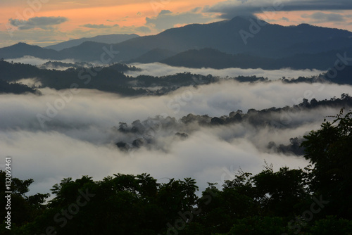 Sunrise scenery over Danum Valley Conservation Area in Lahad Datu, Sabah Borneo, Malaysia. 