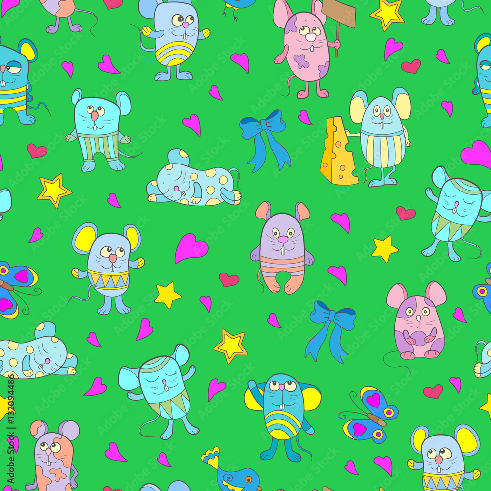 Seamless pattern with funny cartoon mouses on a green background Seamless pattern with funny cartoon mouses on a green background